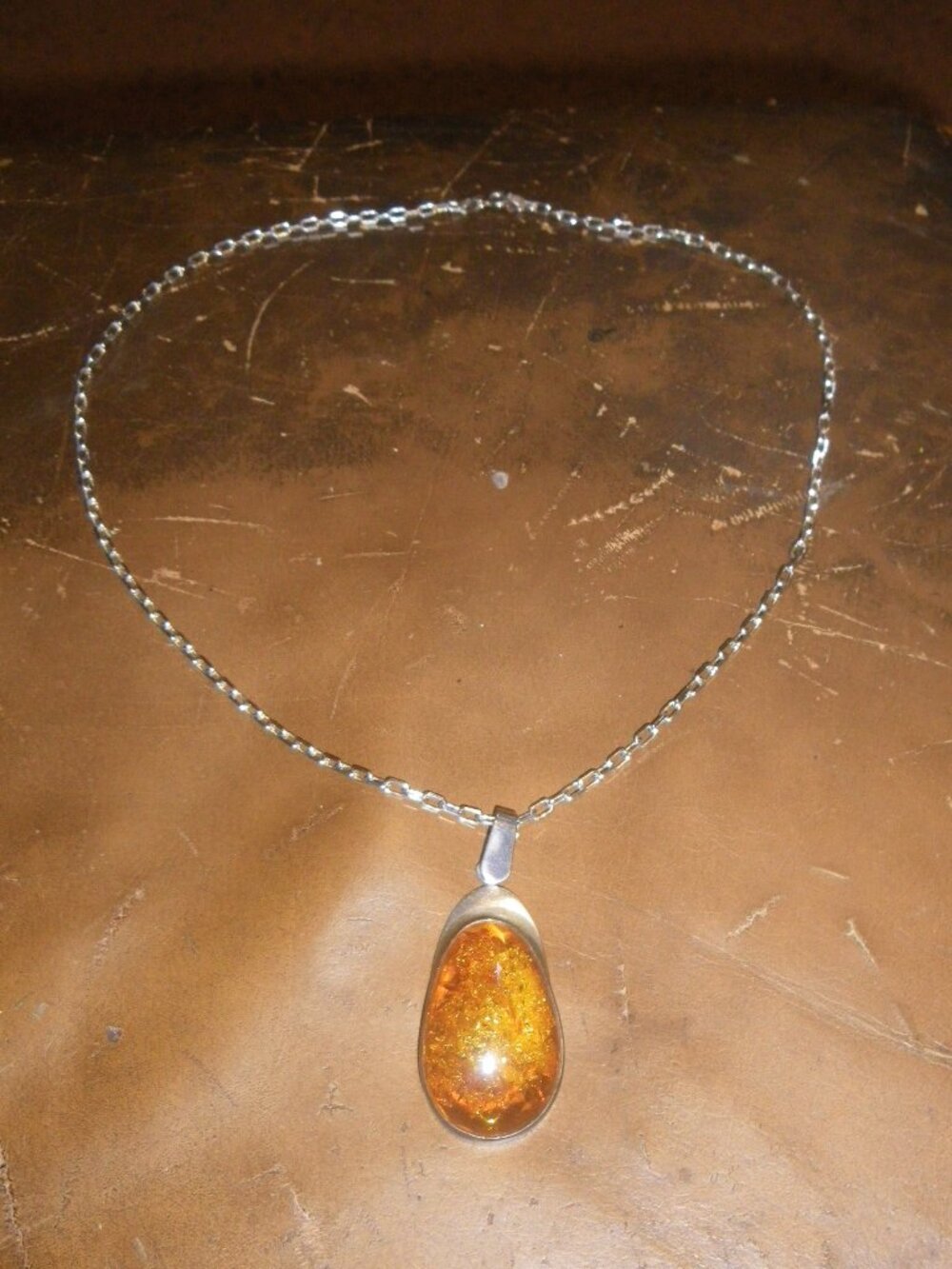 Women’s Sterling Silver Large Chain Link Necklace w/ Large Baltic Amber Pendant